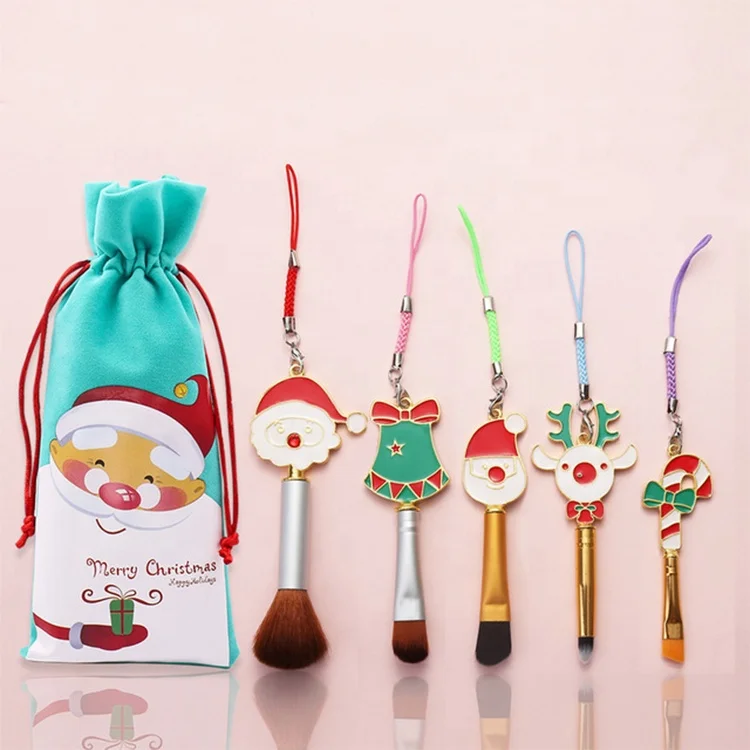 

2021 New Design 5pcs Christmas Makeup Brushes Reindeer Snowman Powder Cosmetic Brush Kit, As pictures