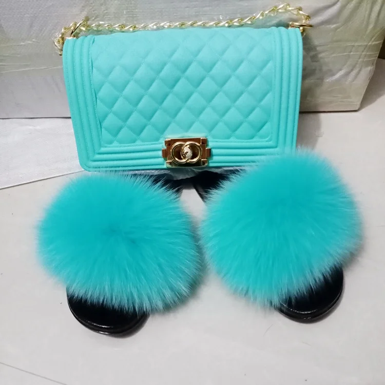 

PVC hot jelly bag fur slippers and purse sets