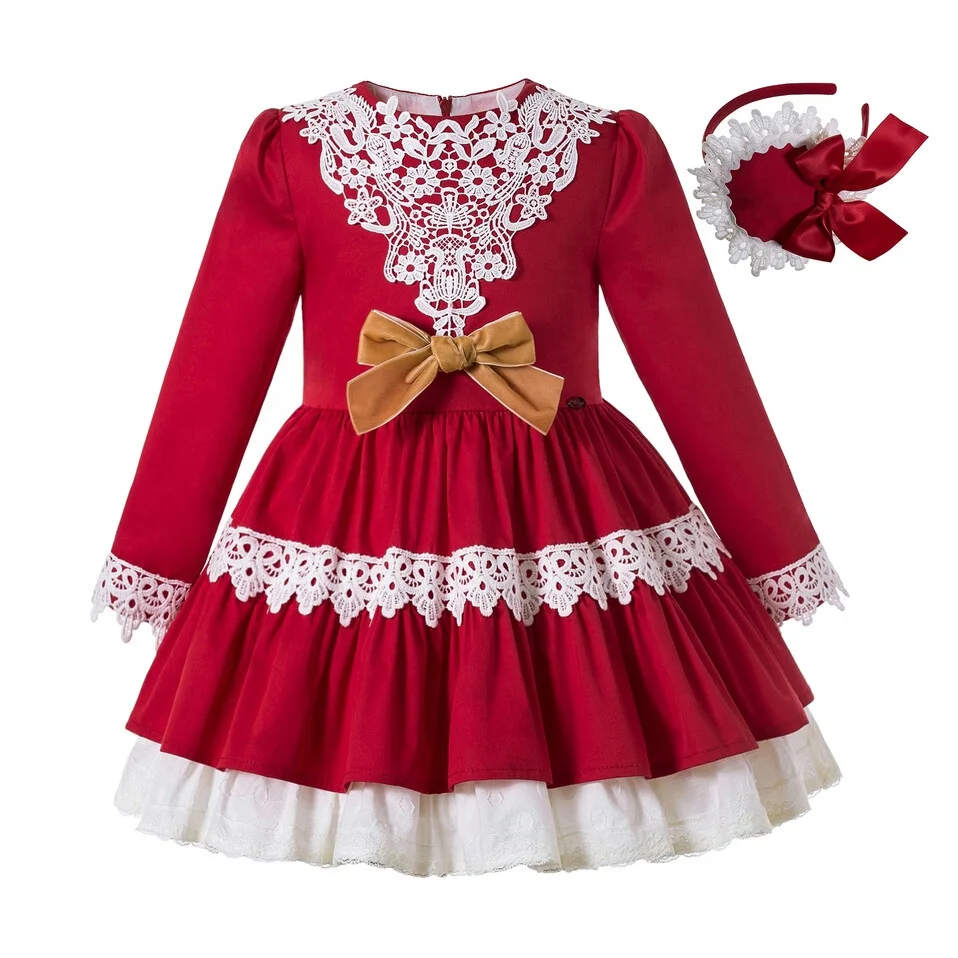 

2022 OEM popular Pettigirl Boutique New Dress Designs Girls Elegant Red Kid Dress Party Girls Fall Dress for Girls 11-12Y