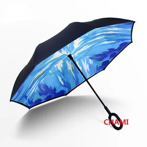 Custom Inside Out C Shape Handle inverted Reverse Umbrella with logo prints