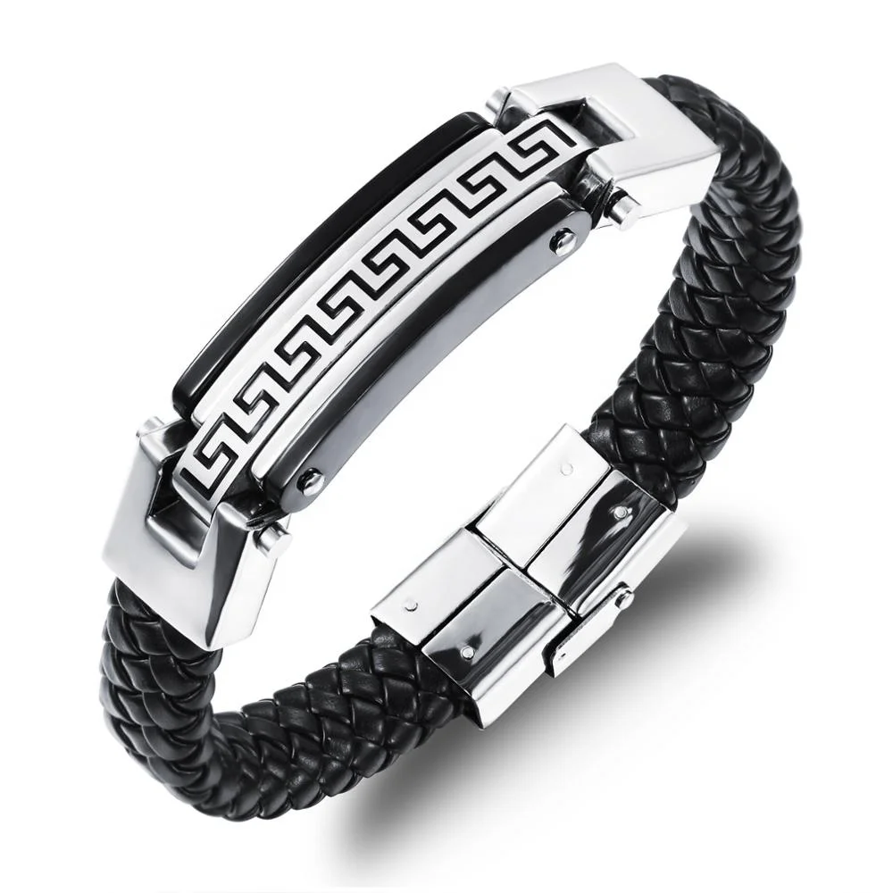 

MECYLIFE stainless steel clasp leather Greek key jewelry steel men bracelet, Black
