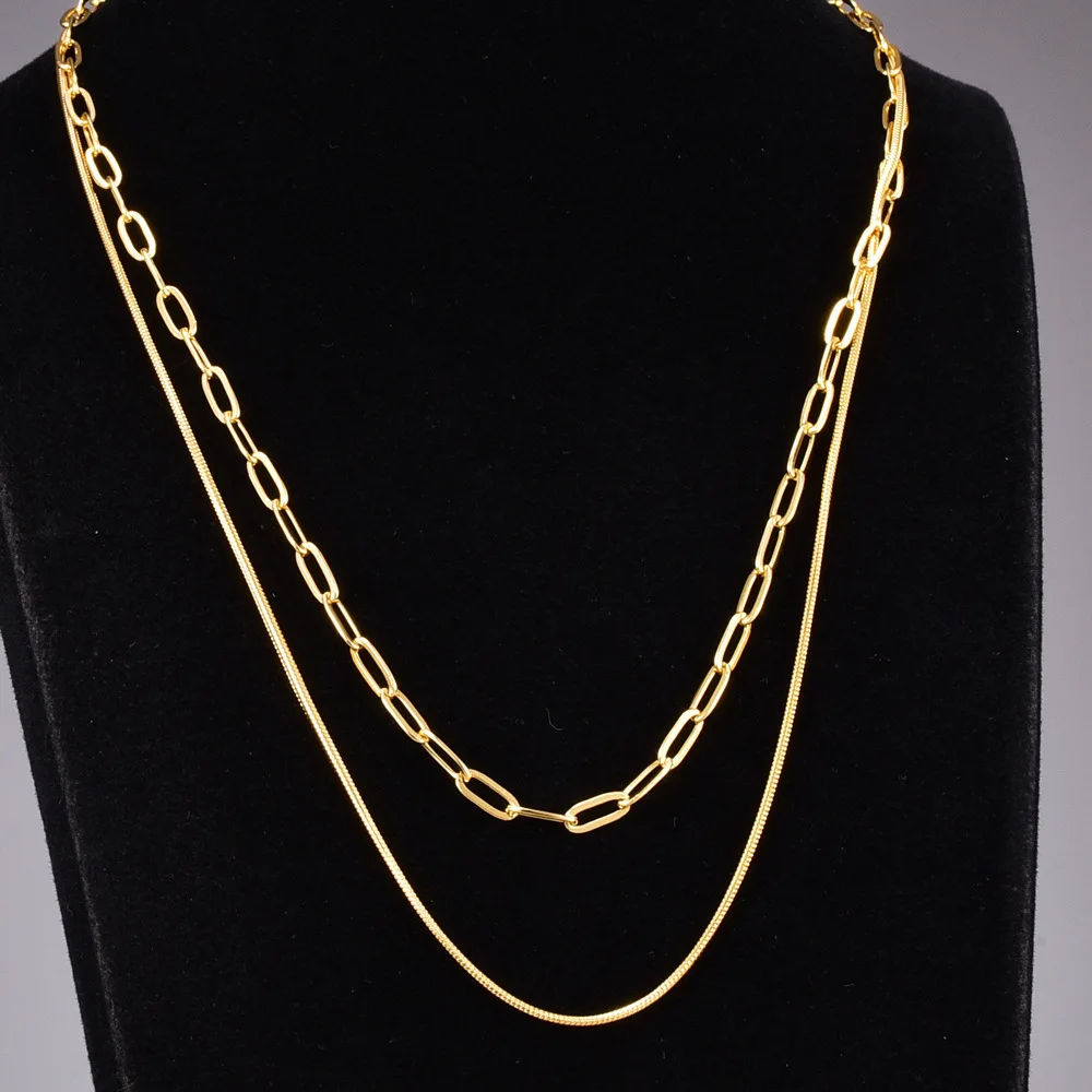 

Women fashion jewelry 18k gold plated stitching double layer snake paperclip chain stainless steel chain necklace