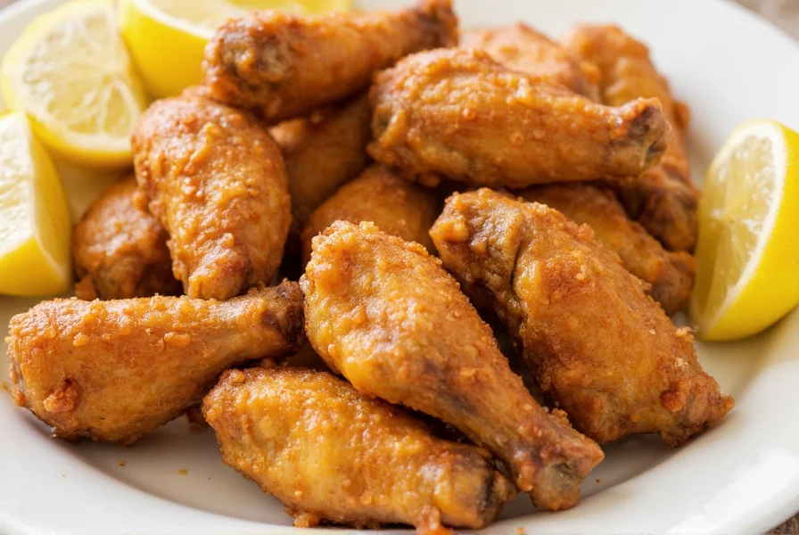 Close-up of golden chicken wings generously coated with lemon pepper seasoning on a white plate with lemon slices