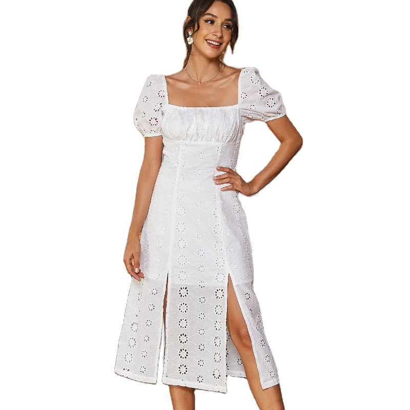 

Summer Fashion White Cotton Lace Dress Party Women Clothes Embroidered Cotton Eyelet Casual Midi dress