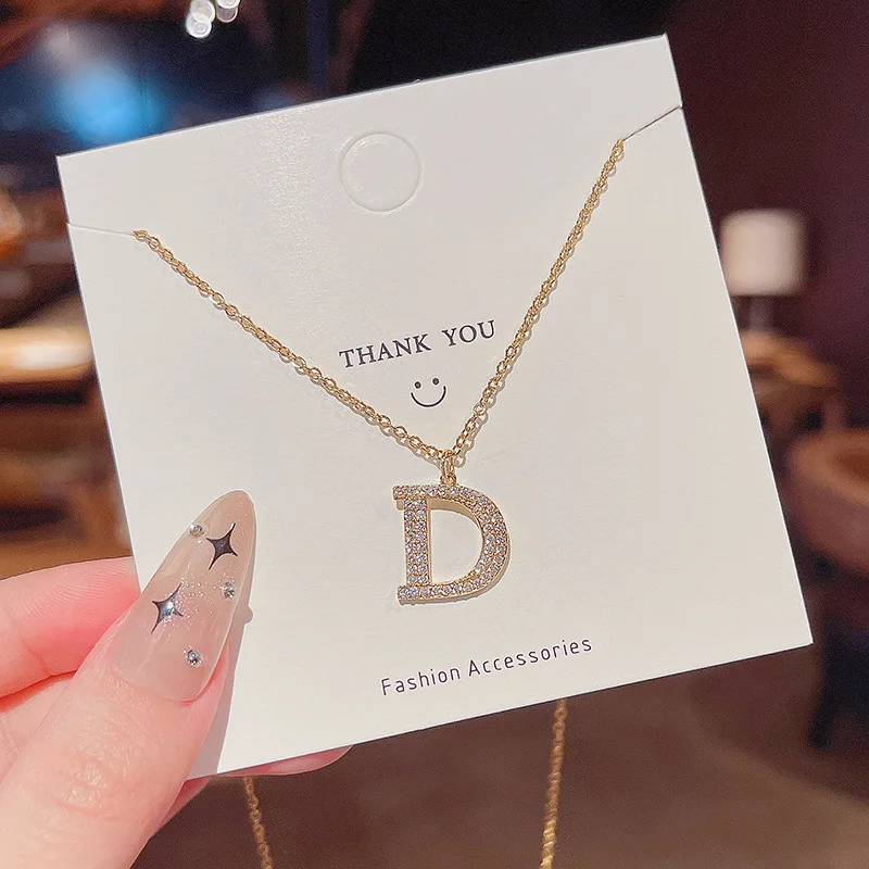

Latest Arrival Stainless Steel Chain Letter D Pendant Necklace Gold Plated Full Zircon Alphabet D Necklace