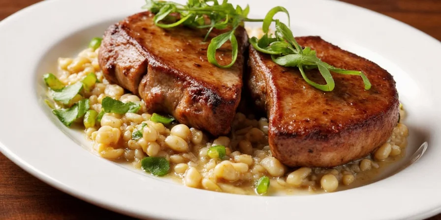 A classic bottle of balsamic vinegar next to fresh pork chops.