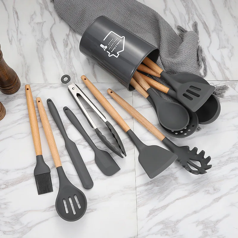 

13pcs wooden handle silicone non-stick kitchen utensils with storage bucket