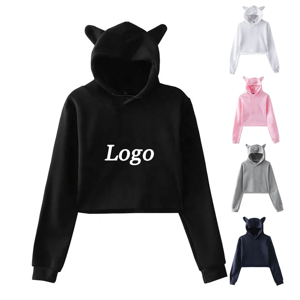 

Factory Customized Logo Long Sleeves Sweatshirt Cat Ears Women Cropped Top Hoodies, As the photo