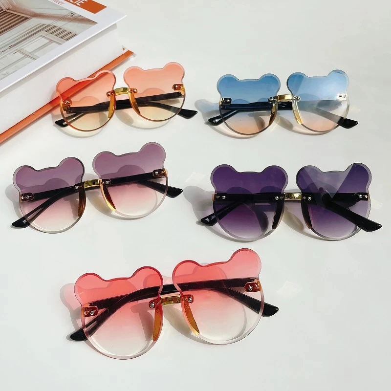 

2021 Kids Cute Cartoon Bear Shape Round Sunglasses Boy Girls Children Vintage UV400 Colors Rimless Polarized Sun Glasses