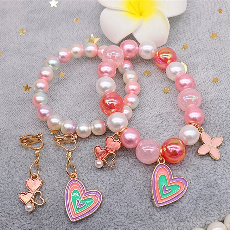 

2023 New Children's bracelet Korean style cute cartoon alloy bracelet ear clip set children's accessories with box