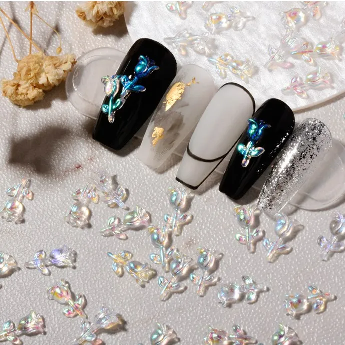 

Newest Arrival 30 pcs/bag Crystal Shimmer AB 3D Rose Flower Girls Resin Nail Art Decoration Magic Charms for Nail Applique, As picture show