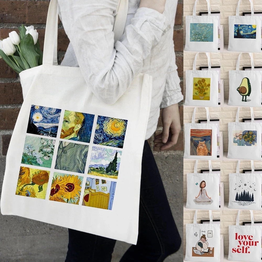 

Wholesale Van Gogh Shopping Bag Graphic Tote Harajuku Shopper Bag Women Canvas Large-capacity Shoulder Bag, Customized color