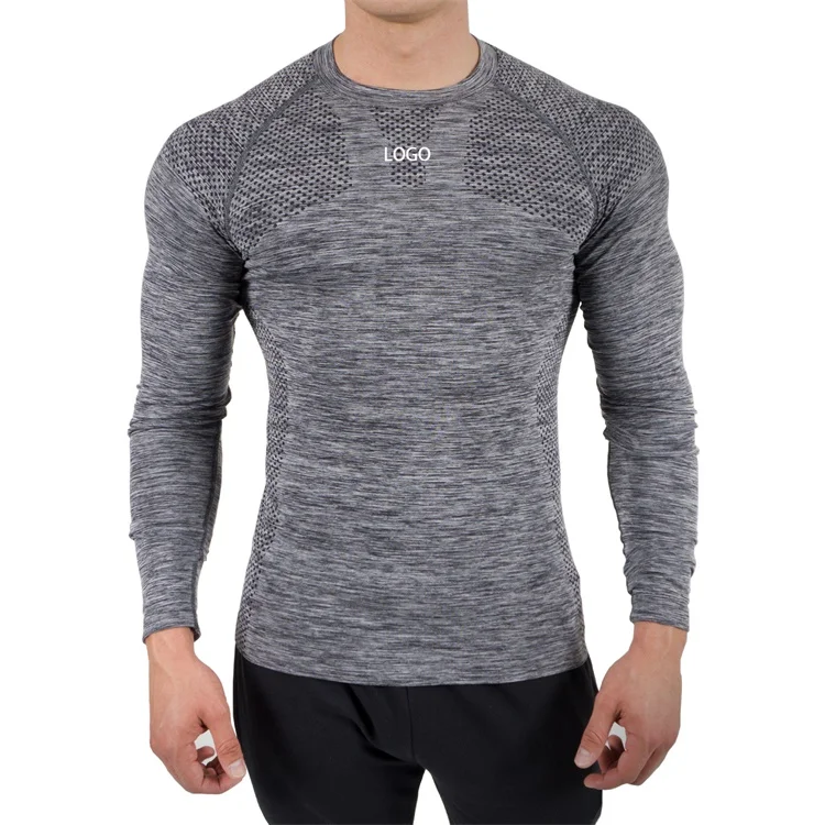 

Wholesale OEM custom compression muscle slim fit gym sport fitness long sleeve seamless t shirt for men, Customized color