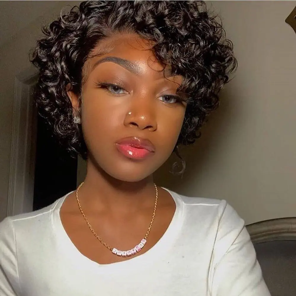 

12A Cuticle Aligned Brazilian Human Hair Short Wigs Pre Plucked Hairline 13x1 Pixie Cut Lace Front Wigs Deep Kinky Curly, Natural color