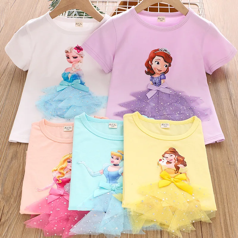

KD-017 Bulk instock wholesale Boutique 3D princess pattern short sleeve t shirts for baby girls summer childern's clothing, Multicolor as picture show