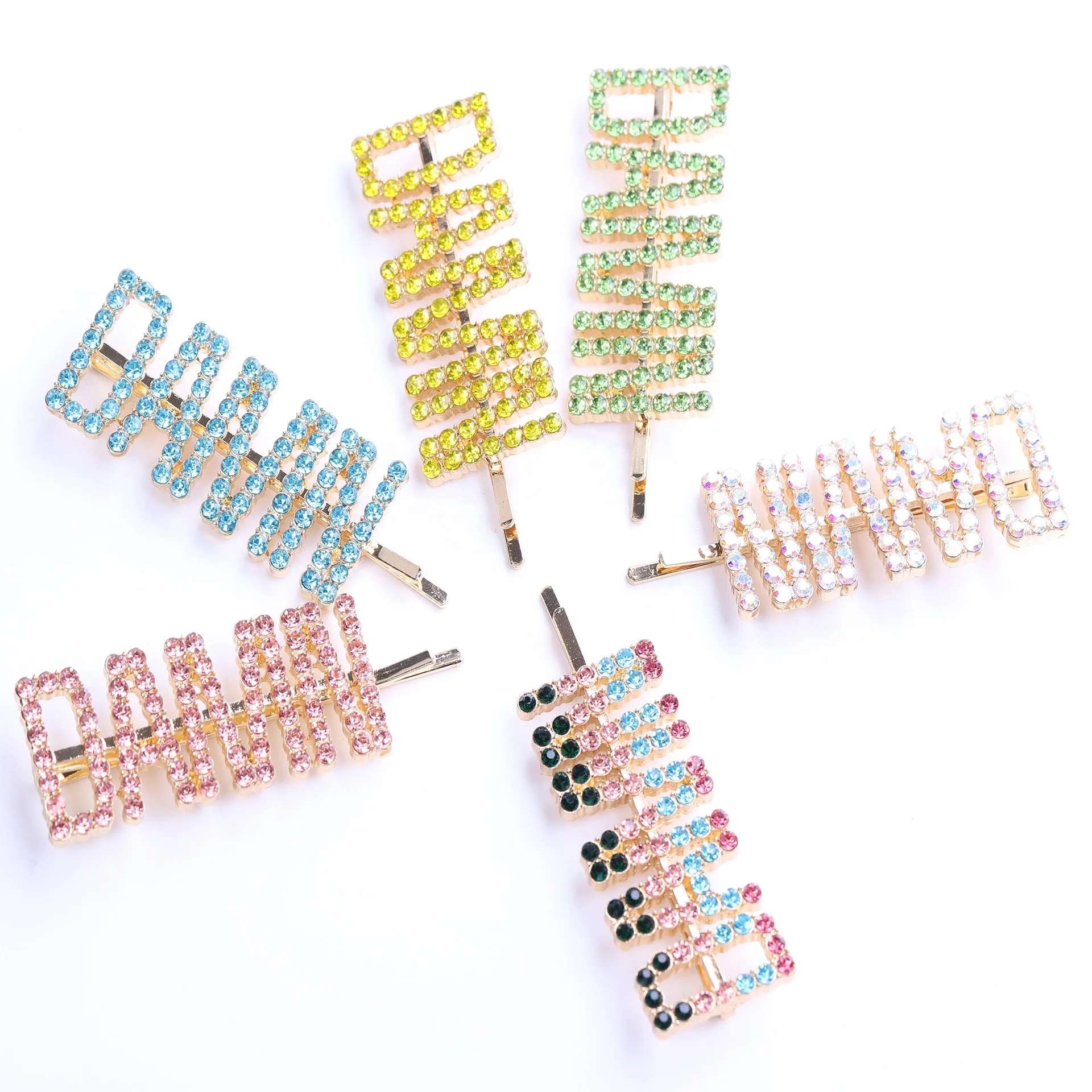 

New Rainbow Colour Gold Metal Colorful Crystal Hair Pin Letter DAMN Bridal Hair Pins Fancy Stone Luxury Hair Clips For Baby Girl