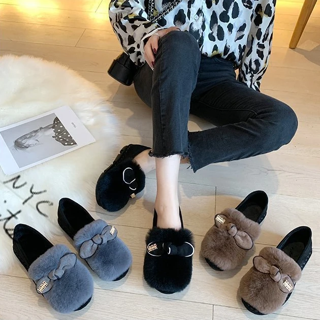 

New winter women plus velvet warmth flat shoes cute outer wear cotton shoes rabbit fur ball fur shoes, Black, brown, gray