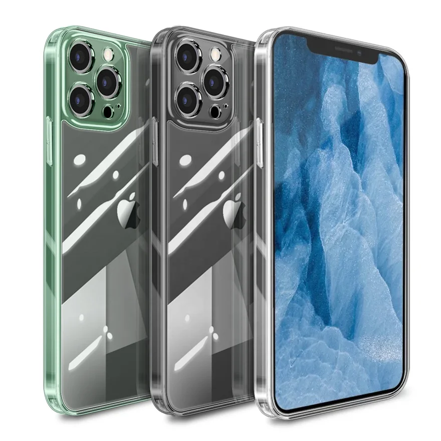 

New for iPhone12 HD glass mobile phone case clear toughened glass phone back cover for iPhoneSE/11 anti falling glass case, Clear black/clear green/clear