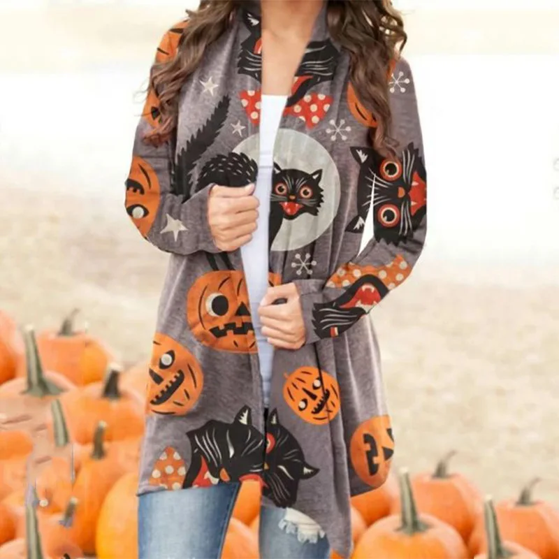 

Women Long Sleeve Cardigan Cat Halloween Pumpkin Open Front Cardigan Tops for Halloween Party