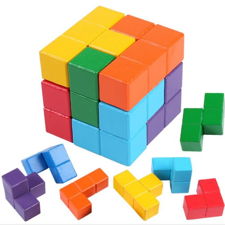 

3d puzzle Montessori Kids hot selling Shape combination Intelligence stacking blocks Wooden cube building blocks toy