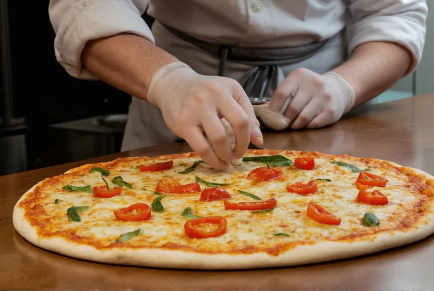 Chef preparing wild pepper pizza in professional kitchen showing careful placement of small wild peppers on pizza