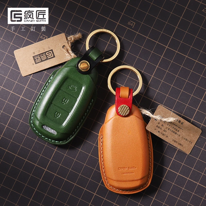 

2021 NEW High Grade LeatherCraft Hand Sewing Genuine Leather Smart Car Key Case Cover for Hyundai IX35/LAFESTA/Santa, 17 color available