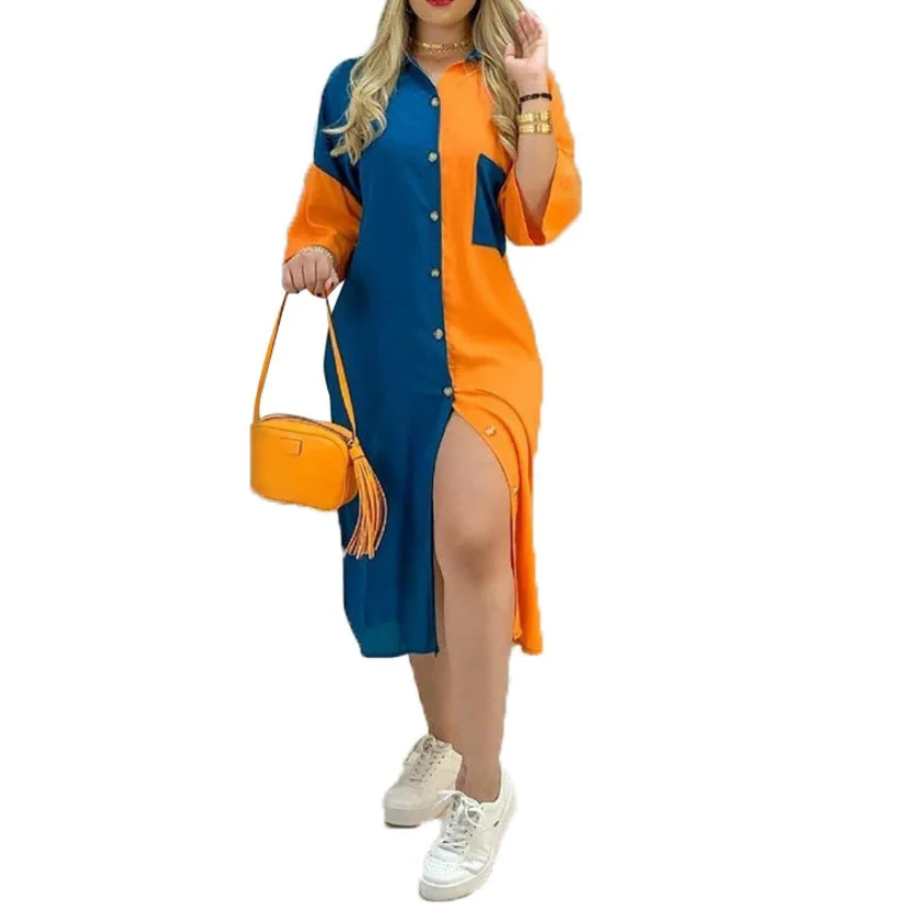 

S-3XL Elegant Print Buttoned Slit Shirt Dress Women Summer Lapel Neck Maxi Party Dress Casual Loose Long Sleeve Beach Dresses