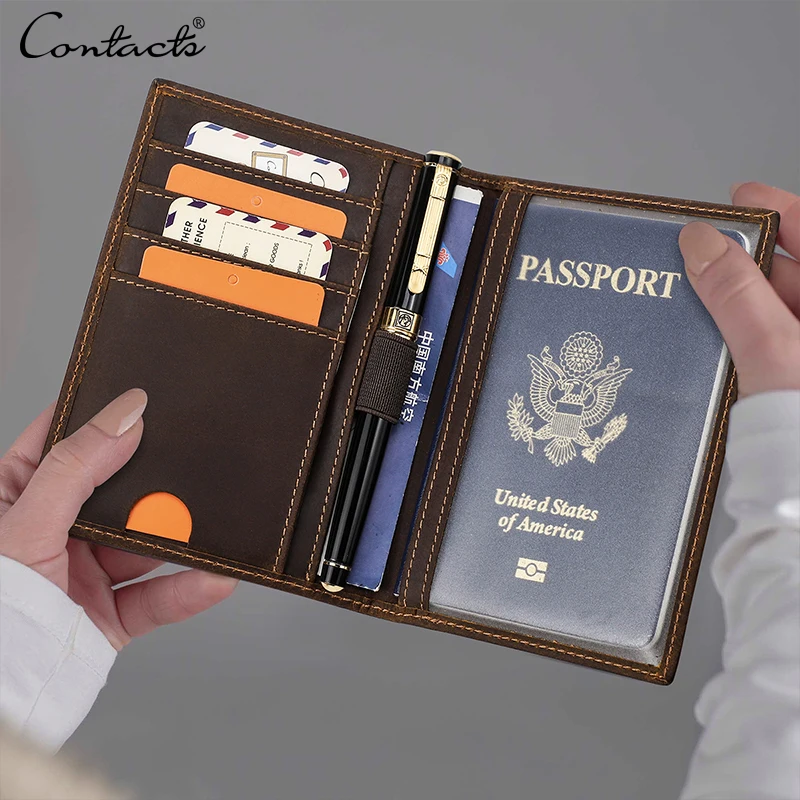 

CONTACT'S custom OEM RFID Crazy Horse Leather Travel wallet Passport Holder RFID Passport Wallet travel With Credit Card Slot