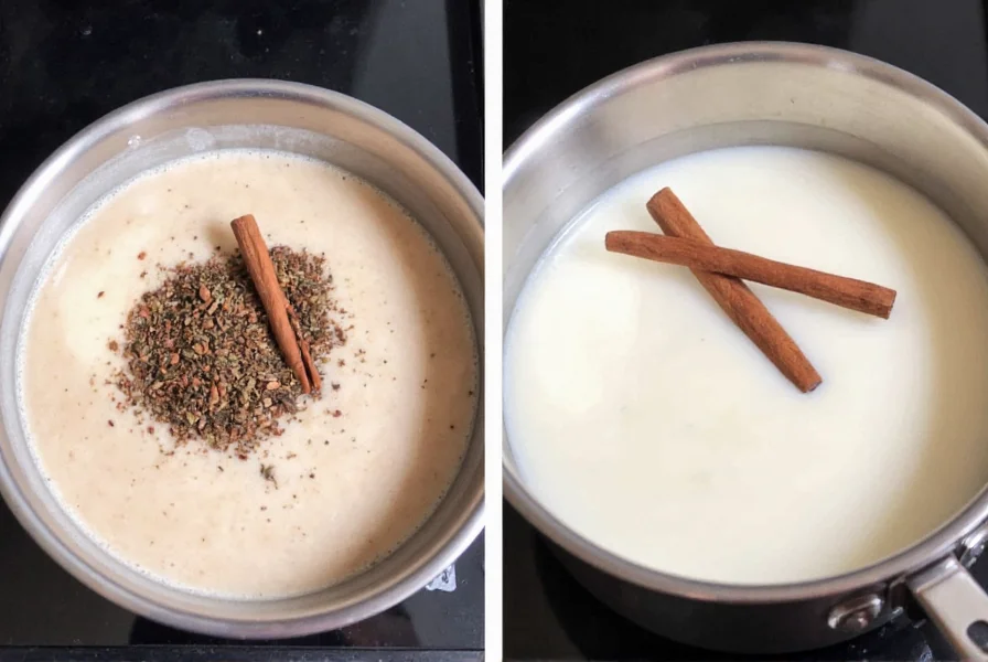 Step-by-step preparation of masala chai showing cinnamon sticks, tea leaves, and milk in a small saucepan