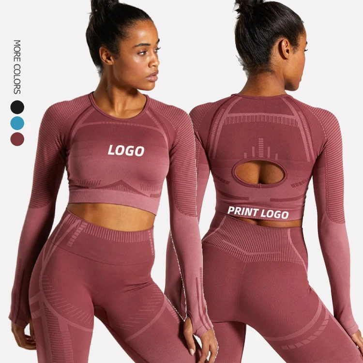 

High Elasticity Crewneck Long Sleeve Crop Top Seamless Custom Gym Fitness Wear Yoga Sets, As shown