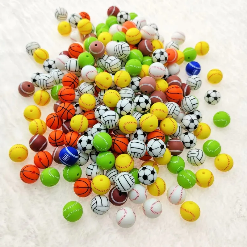 

2022 New Design Food Grade Round Silicone Beads Printed Silicone Baseball Volleyball Basketball Football Beads for Bracelet