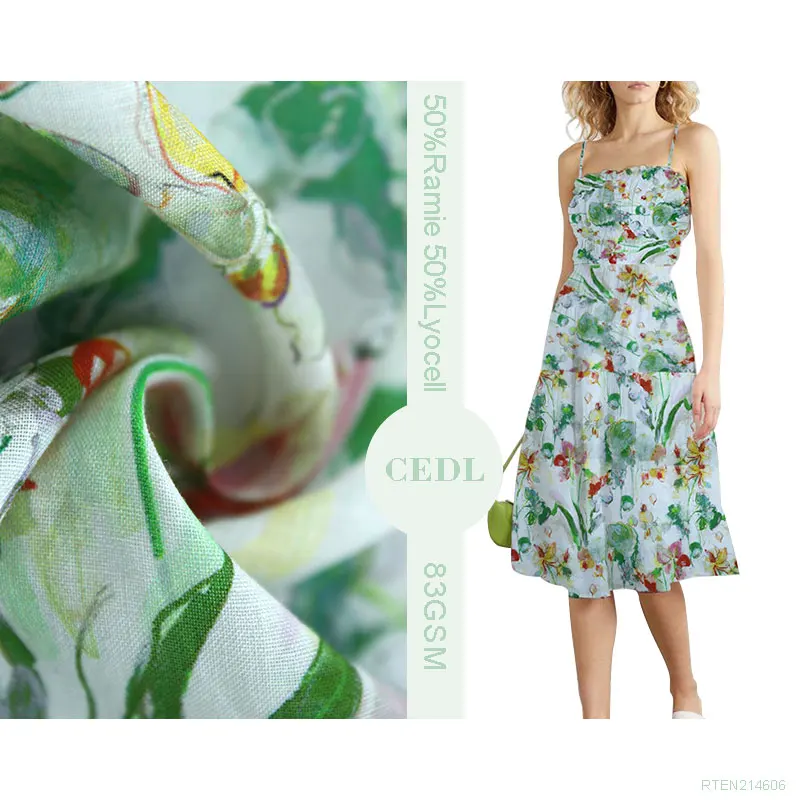 Pattern Digital Print Fabric for Dress Hot-selling Lyocell Ramie Blended Small Fresh Green Curtain Fabric Woven Plain 100% Ramie