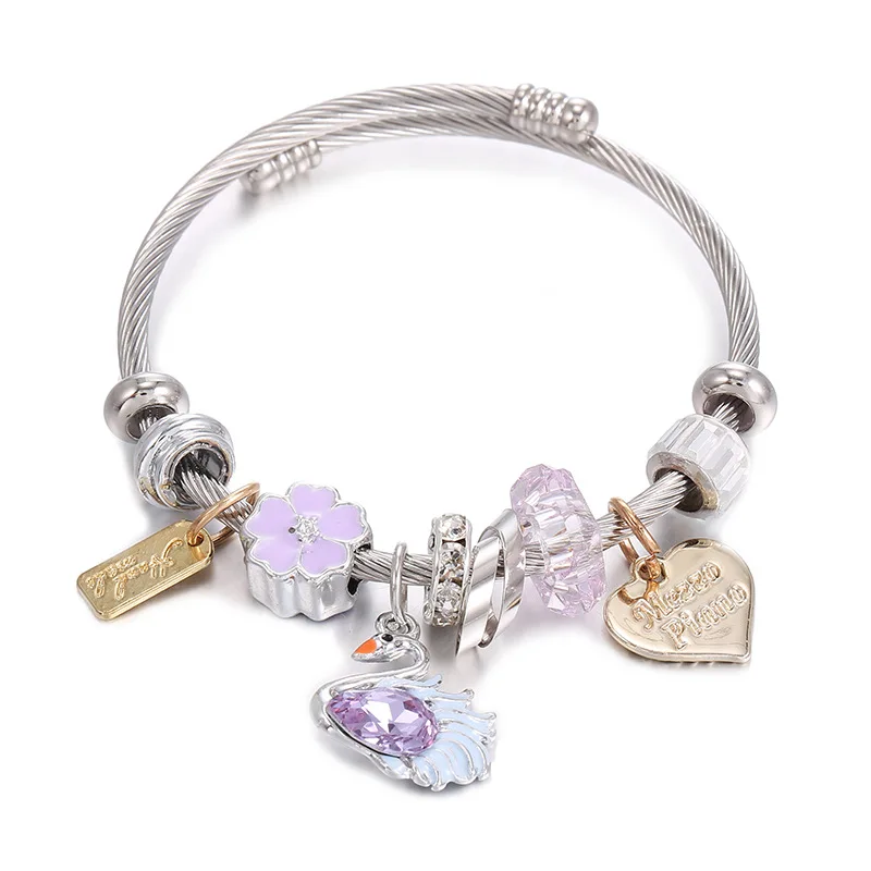 

DIY Stainless Steel  Crystal Beads Flower Charm Bangle Bracelet Gold Star Heart Charm Open Bangle