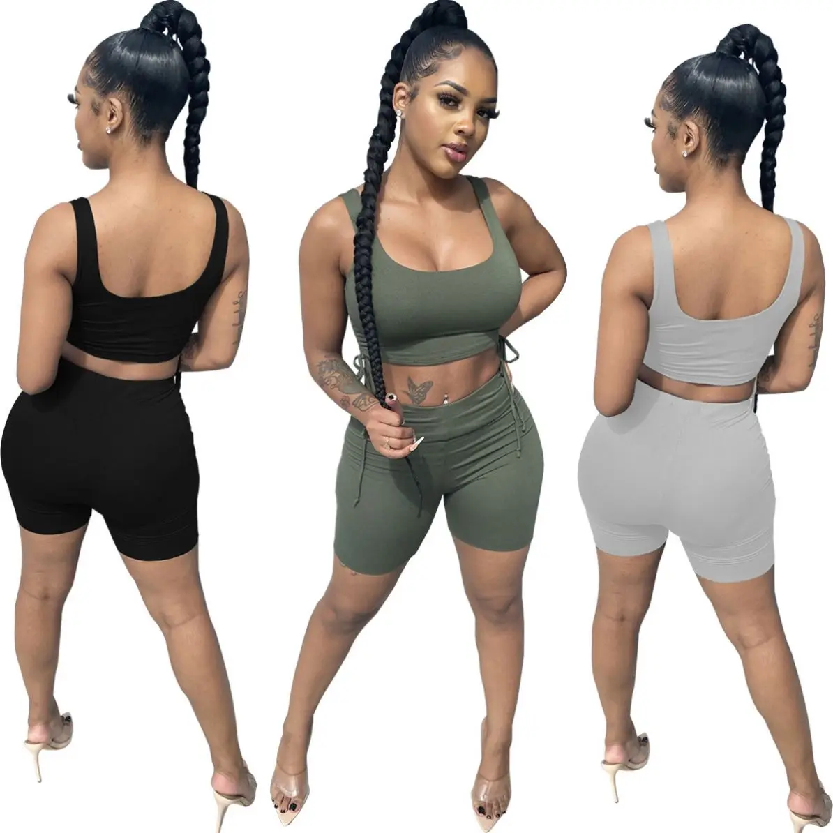 

2021 new arrivals Breathable Tracksuit woman spaghetti string shirt with short pants Sweater two piece biker short set, White, yellow, gray, green, black, pink, blue