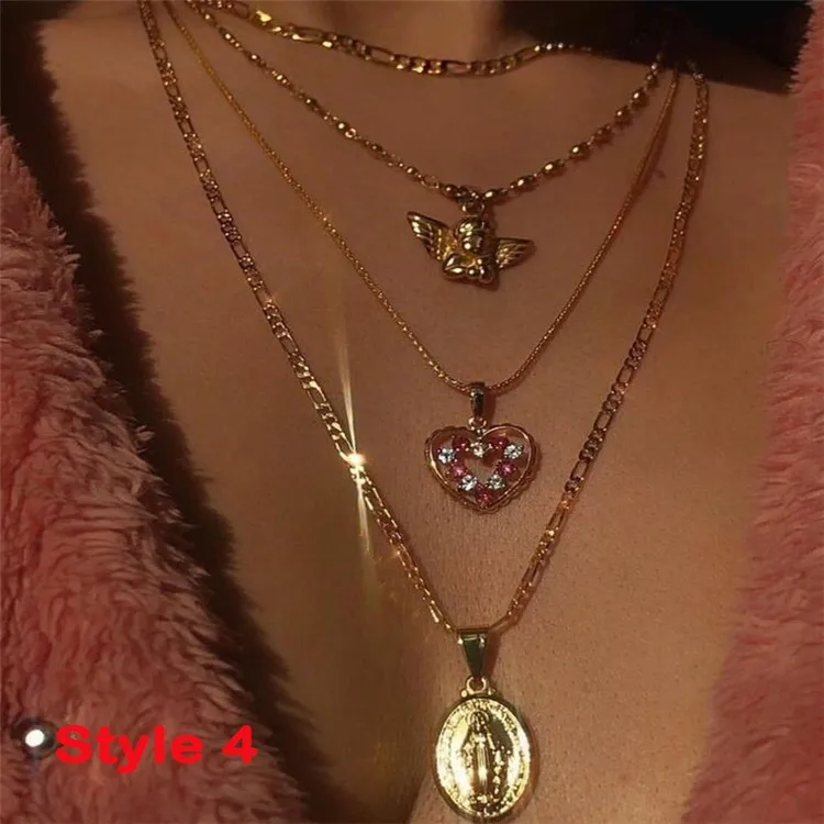 

Have 5 Style To Choose Lock or Portrait Pendant Necklace Padlock Heart Chain Necklace Sexy Classic Multi Layer Lover Necklace, Gold