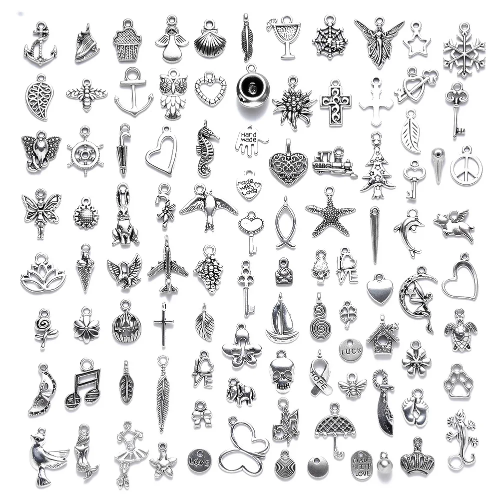 

Mixed 100pcs Metal Charms Pendants Jewelry Making Silver Charms Silver DIY for Necklace Bracelet