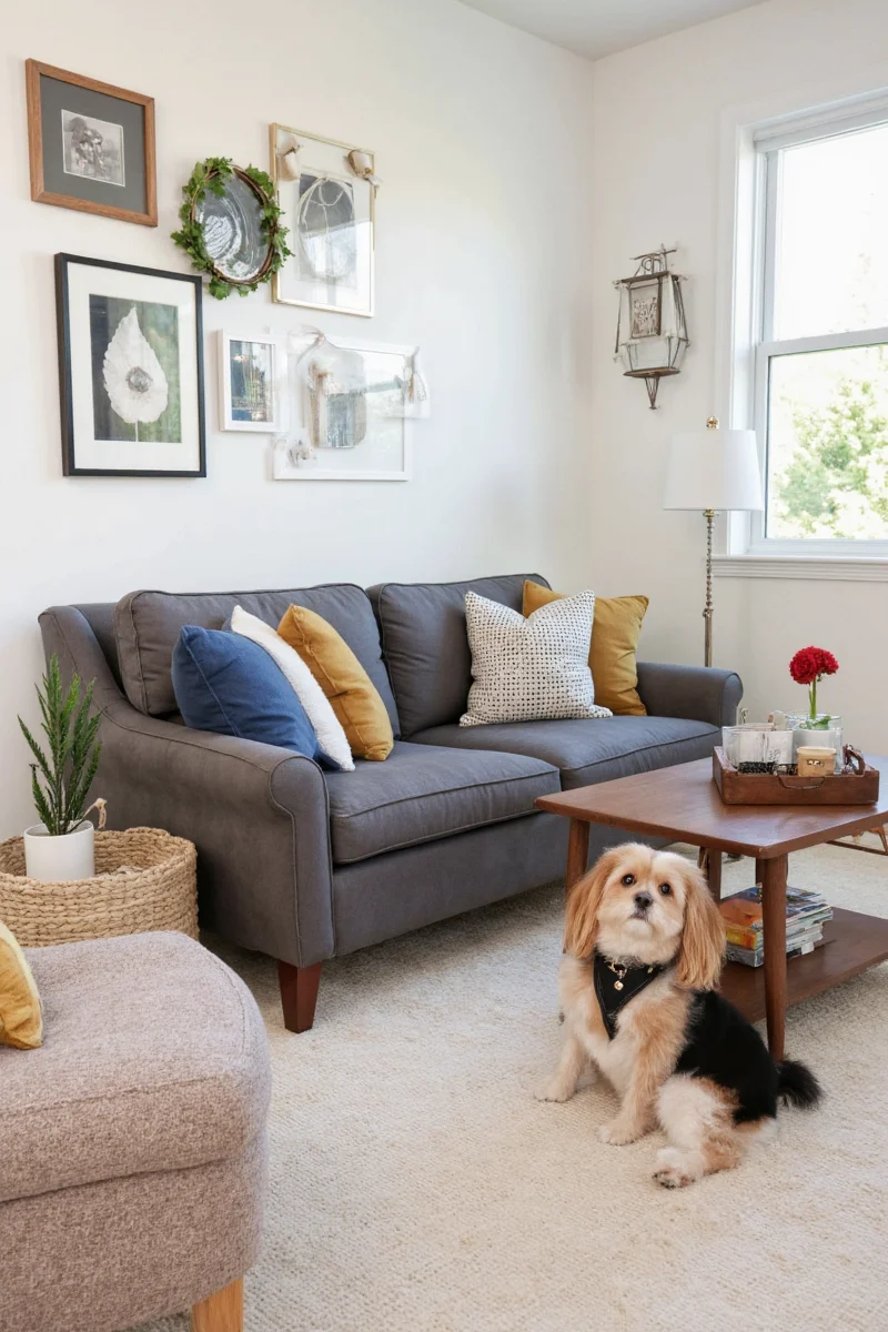 Sofa covered with a removable, washable pet-friendly fabric cover in a modern print.