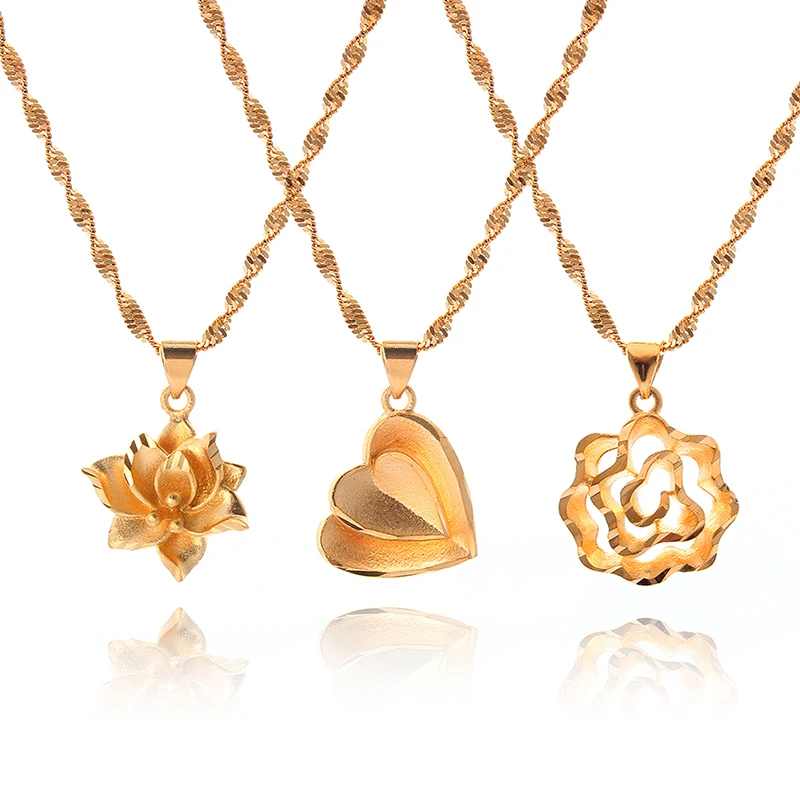 

Flower&Heart Rose Pendant Necklaces for Women Mother Charm Jewelry Wedding Gifts African Arab Gold Color Jewellery