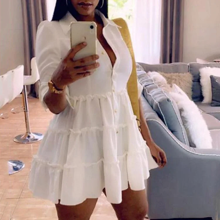

Turndown Collar Women Fashion 2021 Trending Modern Half Sleeve Shirt Mini Dress Cute Woman Fall Elegant Casual Ladies Dresses, White,black