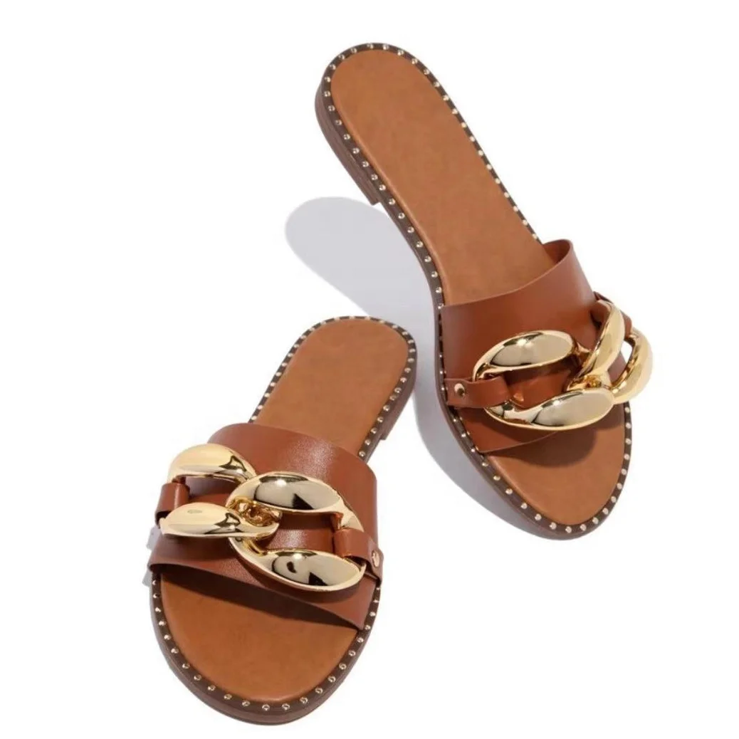 

Hot summer double ring chain buckle slippers fashion flat shoes women's sandals