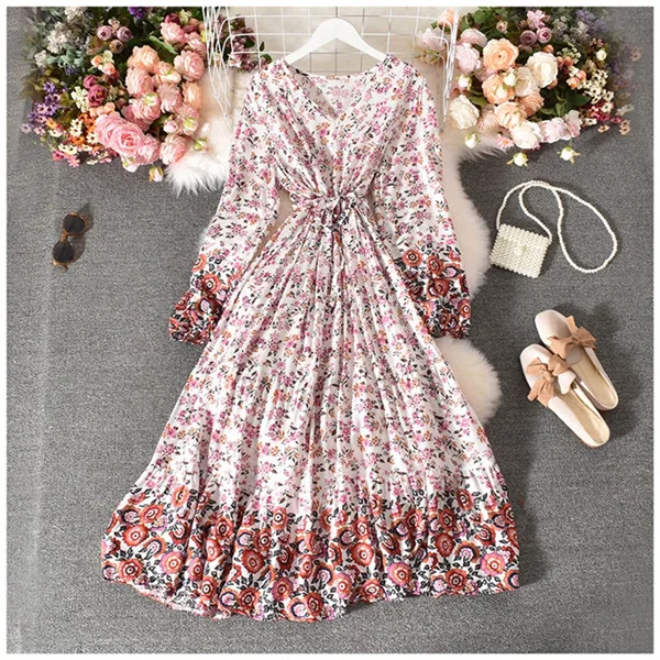 

D800 Korean Fashion Floral Print Long Sleeve V Neck Sashes Slim Waist Floor Dress Women Bohemian Dresses Clothing