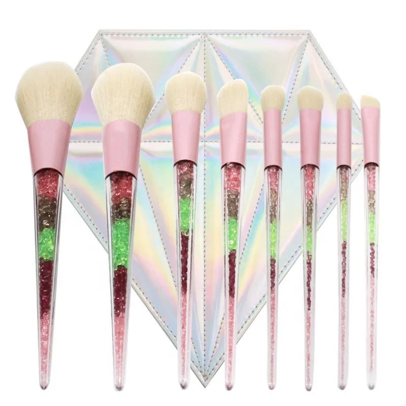 

8pcs Crystal Acrylic Handle Nylon Hair Foundation Powder Eye Lipstick Makeup Tool Brush Set, Pink