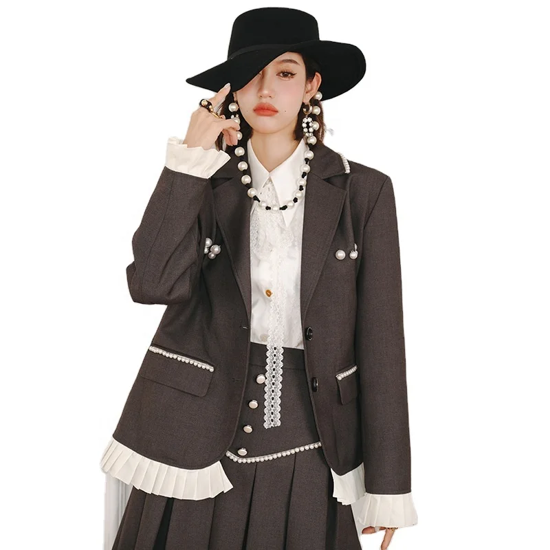 

2021 Autumn New Women's Commuter Style Grey Blazer Coat Loose Tailored Collar Lace Design Coat