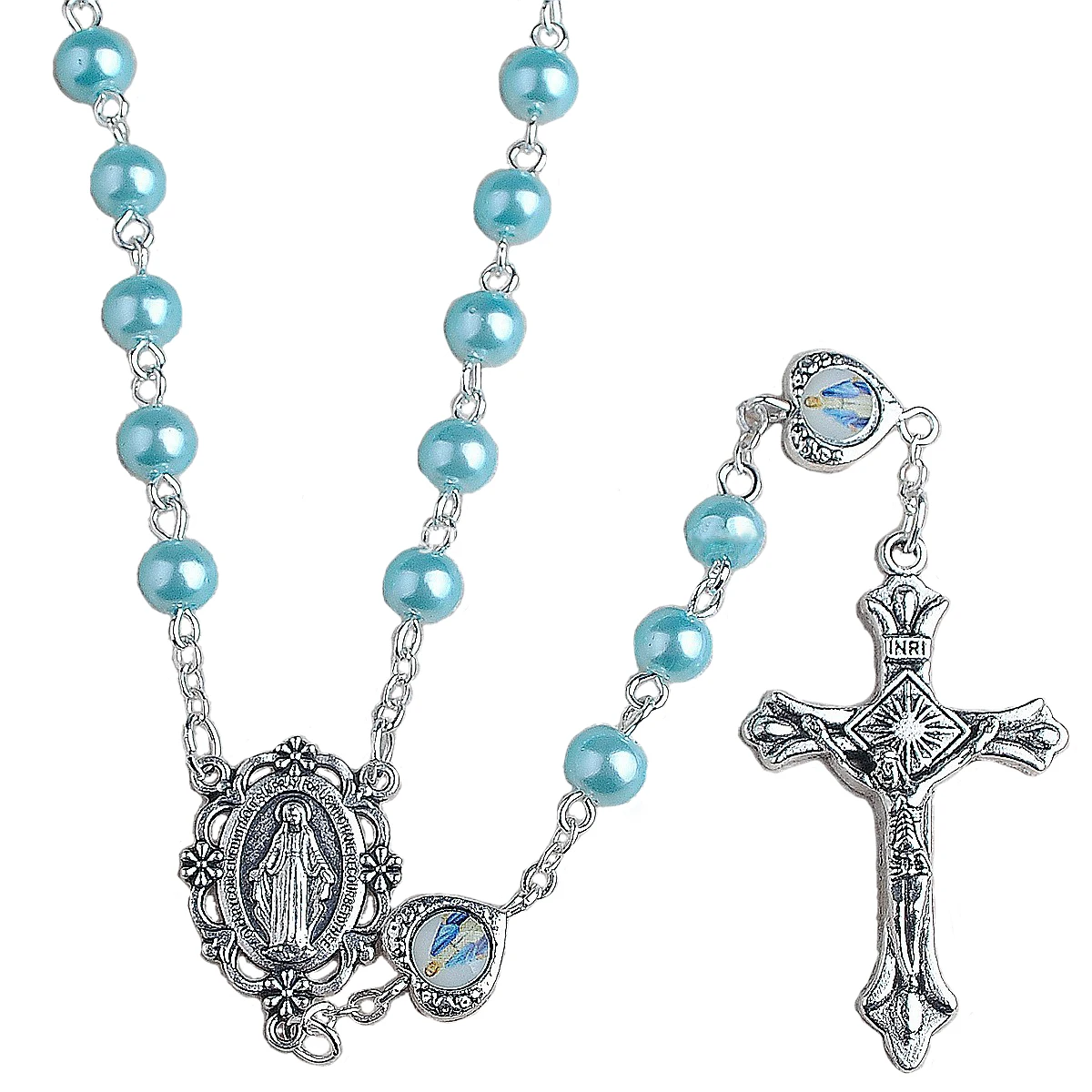 

6mm Light Blue Pearl Beads Rosary with Metal Virgin Mary Medal Catholic Rosaries Pendant for Wholesale Rosaries