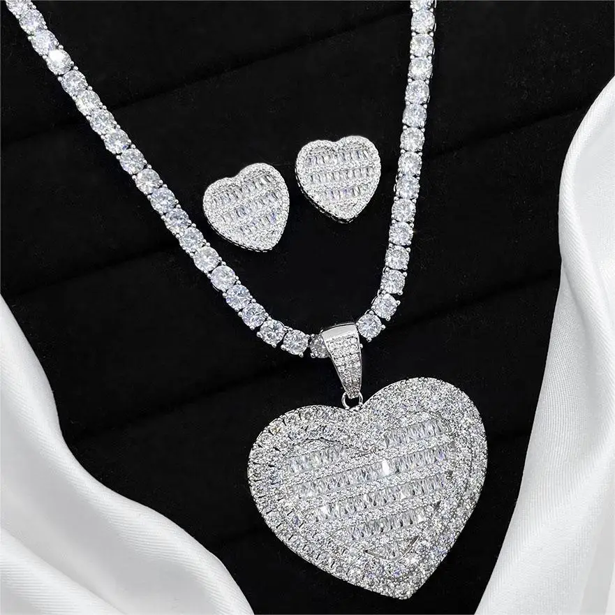 

Foxi hip hop iced out gold silver cz necklace earrings heart jewelry sets