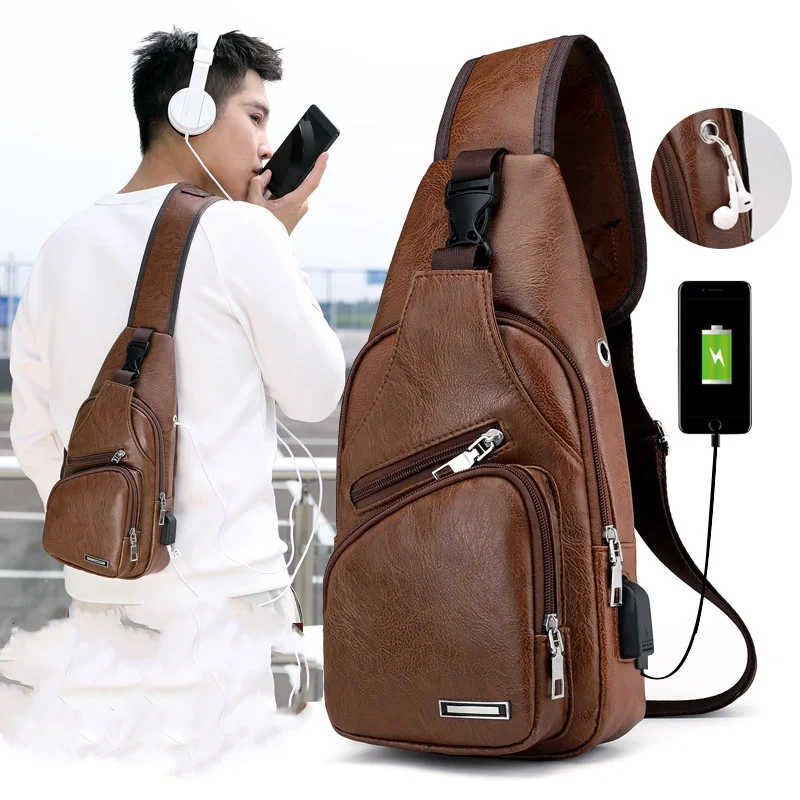 

Amazon Hot Selling Men USB Recharge Shoulder Bag Pu Leather Wholesale Sports Man Chest Bag