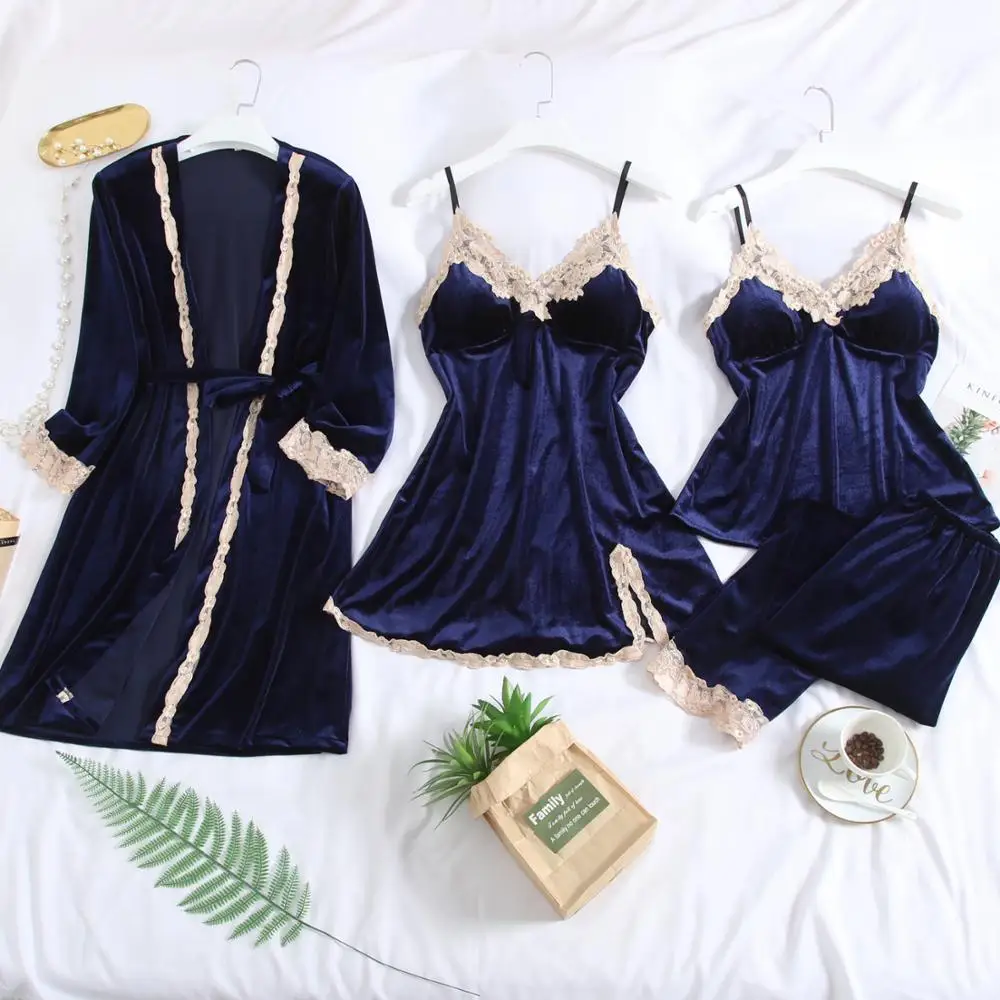 Gold velvet Women's Pajama Sets Elegance 4pcs Velvet Pajamas Womens Sleepwear Sets with Chest Pad S-XXL