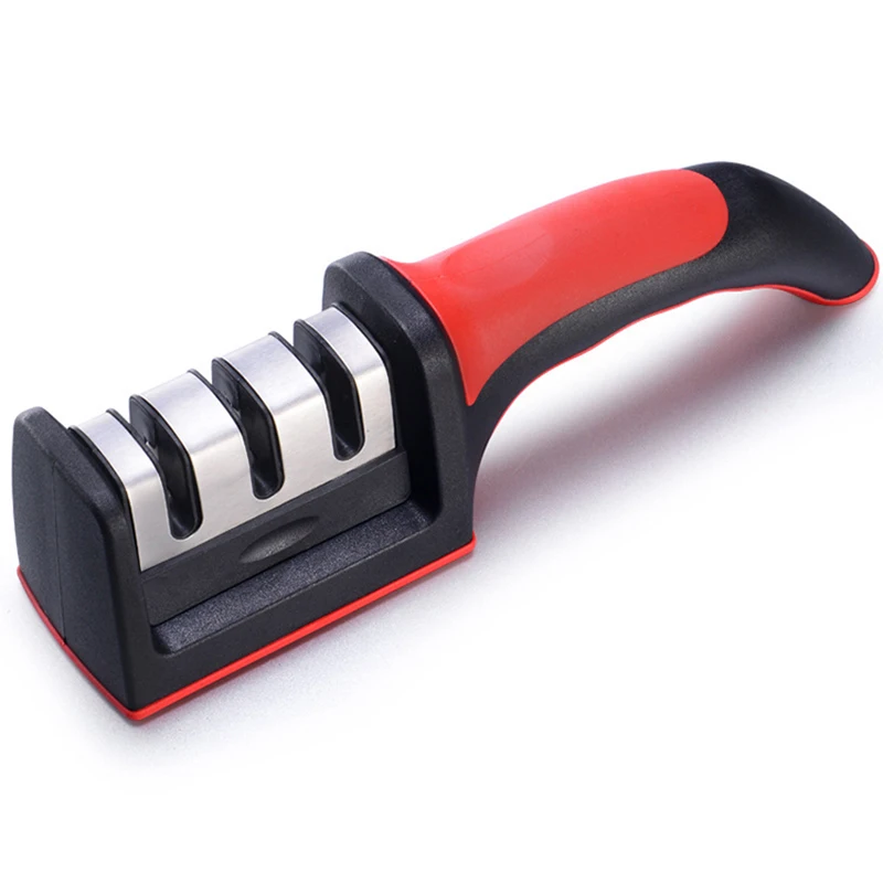 

Tungsten Carbide 3 Stages Handheld Japanese Manual Professional Diamond Knives Kitchen Knife Sharpener System for Knives, Black + red