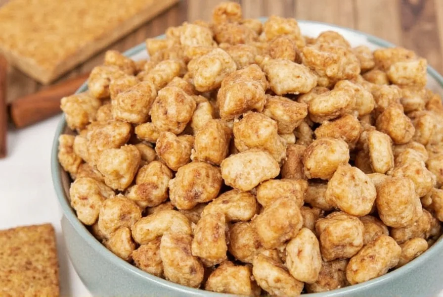 Step-by-step process showing cinnamon sugar mixture being poured over rice cereal in a large mixing bowl