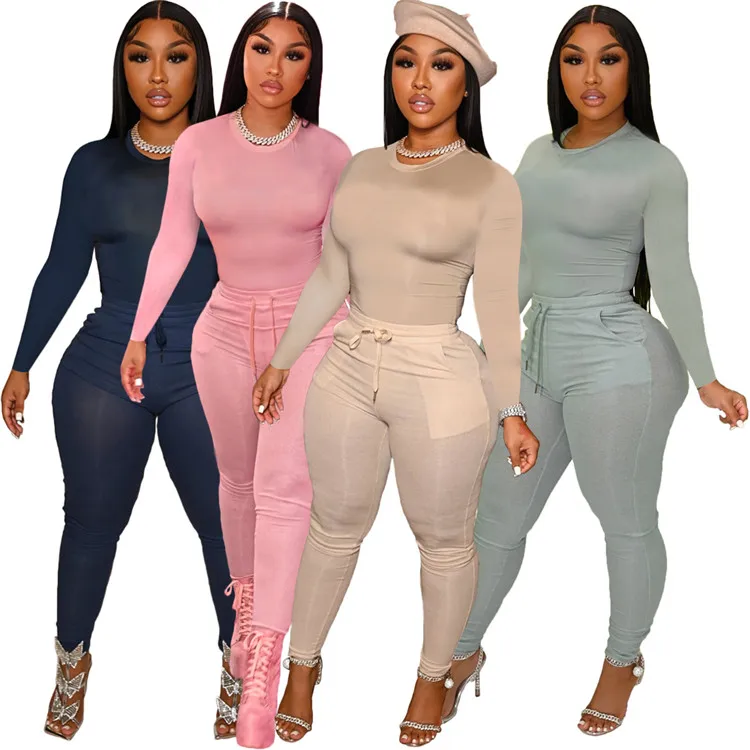 

Popular Ladies Casual Outfits Long Sleeve Tops Solid Color Fall Womens Two Piece Pants Set